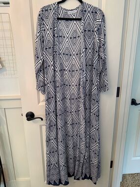 Tiare Hawaii Joplin Kimono Indigo Navy Vibe Geometric Tribal Batik Dyed Maxi OS